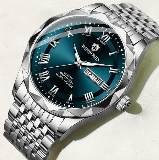 чоловічий годинник з римськими цифрами, люмінесцентною шкалою та сталевим ремінцем